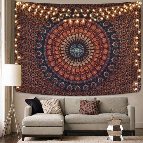 Mandala Tapestry Bohemian Hippie Tapestry Psychedelic Peacock Tapestry Wall Hanging Floral Brown Tapestry for Room(51.2 x 59.1 inches)
