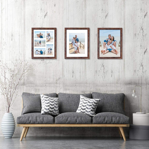 Q.Hou 11x14 Picture Frames Wood Patten Rustic Brown Set of 2, Each Frame with 2 Mats,Display 8x10 or Five 4x6 Photos with Mat & 11x14 Picture Without Mat for Wall Mount (QH-PF11X14-BR)