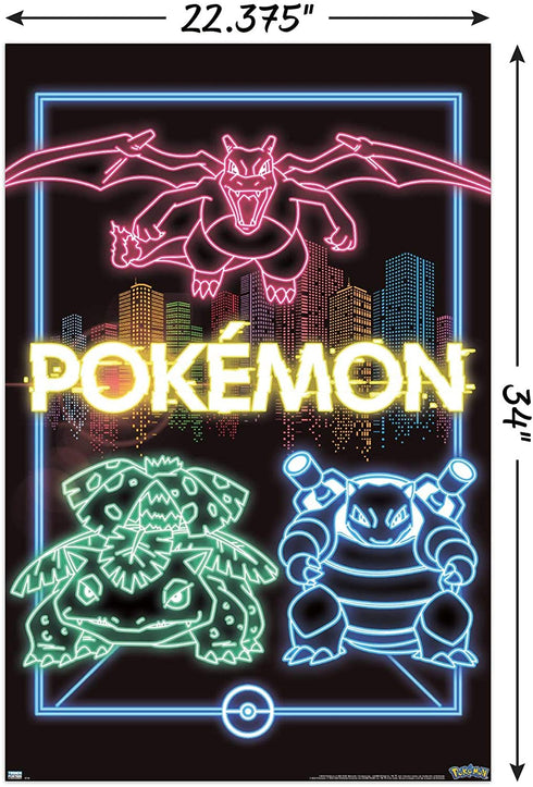 Trends International Pok©mon - Neon Group Wall Poster, 22.375" x 34", Poster & Mount Bundle