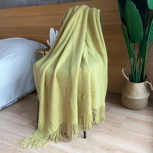 LOMAO Knitted Throw Blanket with Tassels Bubble Soft Lightweight Blanket Textured Lightweight Throws for Couch Cover Home Decor (Lemon Yellow, 50x60)