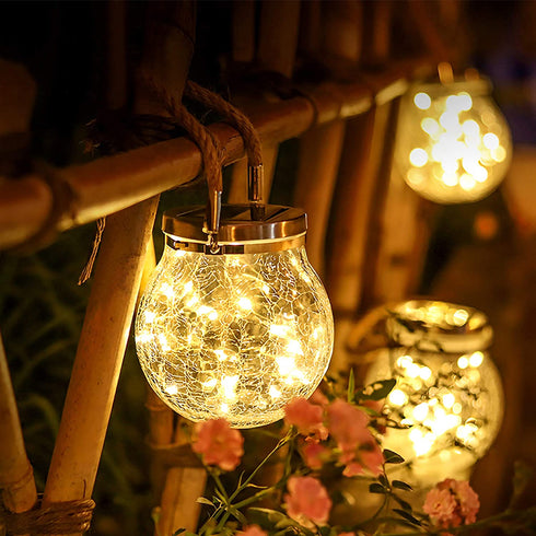 2 Packs Hanging Outdoor Solar Lanterns Decorative Lights 30 LED Waterproof Cracked Glass Jar Garden Lights for Court Yard Patio Pathway