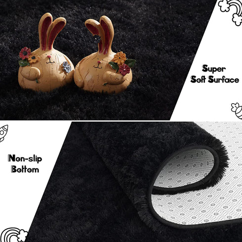 Tepook Super Soft Fluffy Rug for Bedroom, Modern Shaggy Rug Fuzzy Kids Rug for Living Room, Plush Indoor Nursery Home Decor Rug with Non-Slip Bottom, Black, 3 X 5 Feet