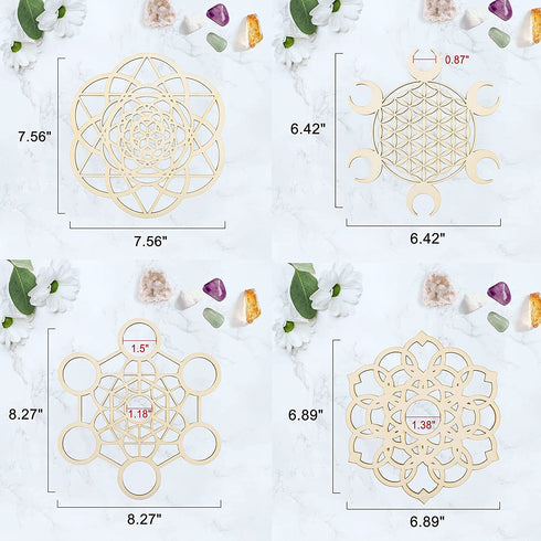 Mornajina Set of 4 Wood Crystal Grid Board Wall Art, Wood Wall Sculpture Art Hanging Home Decoration