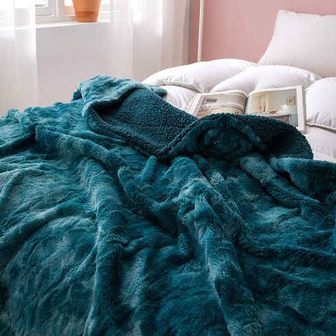 NEWCOSPLAY Super Soft Faux Fur Throw Blanket Premium Sherpa Backing Warm and Cozy Throw Decorative for Bedroom Sofa Floor (Thick-Dark Blue, Throw(40"x50"))