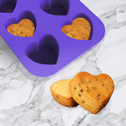 Bakerpan Silicone Mini Cake Pan, Muffin Baking Tray, Pastry Mold, 2 1/4 Inch Hearts, 8 Cavities (Purple) Set of 2
