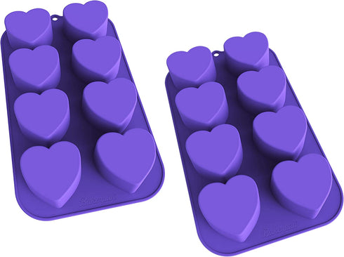 Bakerpan Silicone Mini Cake Pan, Muffin Baking Tray, Pastry Mold, 2 1/4 Inch Hearts, 8 Cavities (Purple) Set of 2