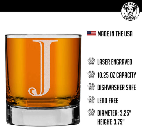 Etched Monogram 10.25oz Rocks Old Fashioned Lowball Glass for Whiskey Scotch Bourbon (Letter J)
