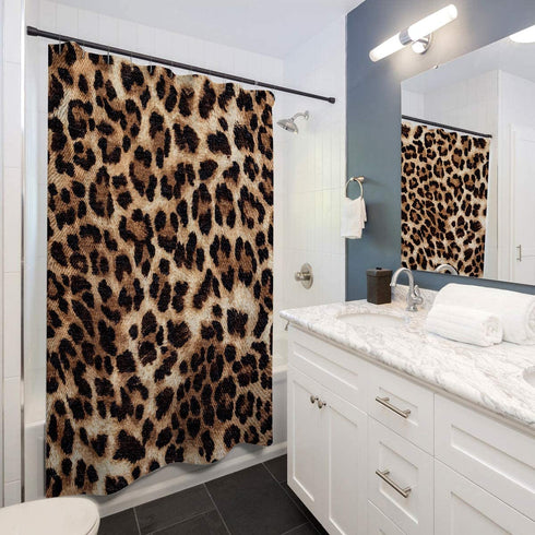 LIGHTINHOME Leopard Print Shower Curtain 60Wx72H Inch Wild Safari Skin Pattern Powerful Cheetah Cat Panthera Black Brown Fur Wildlife Waterproof Bathroom Home Decor 12 Plastic Hooks