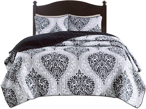 Comfort Spaces Coco 2 Piece Quilt Coverlet Bedspread Ultra Soft Printed Damask Pattern Hypoallergenic Bedding Set, Twin/Twin XL, Black