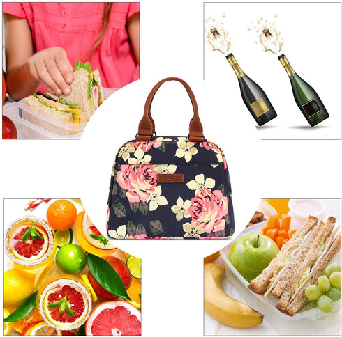 LOKASS Lunch Bag for women Insulated Lunch Tote Fashionable Cooler Bag Thermal Lunch Box with Detachable Shoulder Strap for Work/Picnic/Beach(Peony)