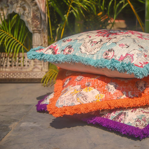 Mandala Life ART Square Meditation Cushion Cover with Fringes - 26 inches - Printed Vintage Blue Cotton Boho Chic Pillow Case