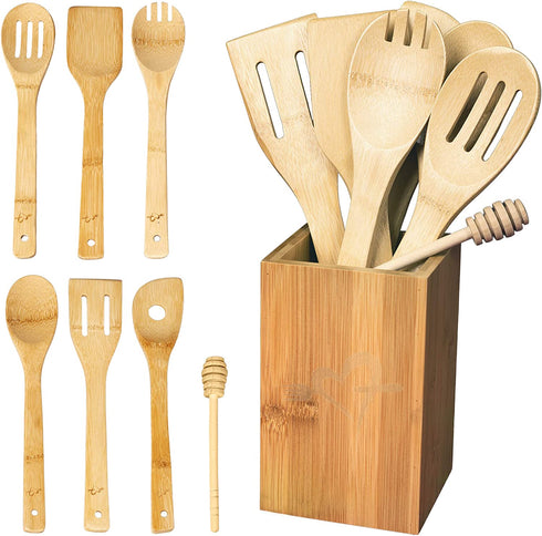 IGA - Organic Bamboo Cooking Utensils Set Spoons, Spatulas With Holder For High Heat Resistant In Nonstick Pots, Pans & Cast Irons Skillets (8-Piece Set) Great Gift Idea For Everyday Use