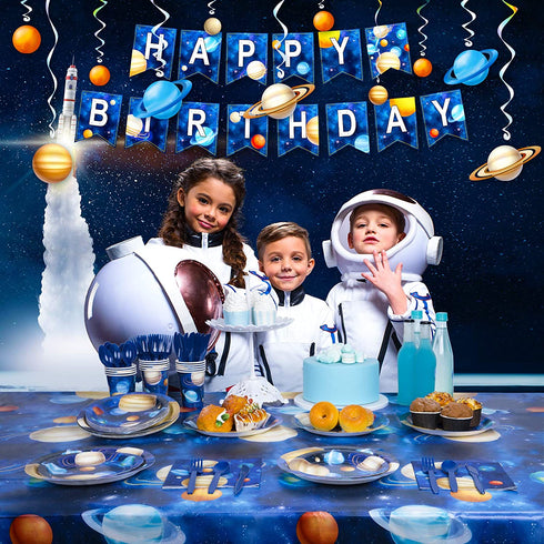 Decorlife Space Themed Party Supplies Serves 16, Space Plates and Napkins Sets, Cups, Knives, Forks, Spoons Included, Total 112pcs