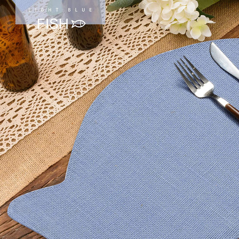 FunWheat Burlap Fish Braided Placemats Set of 6 for Dining Tables Heat Resistant Jute Table Mats Farmhouse Woven Natural Fabric Rustic Place mats for Wedding Decoration (Light Blue )
