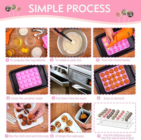 302 Pcs Christmas Cake Pop Maker Kit,Subesty Cake Pop Baking Mold with 1 Acrylic Lollipop Holder,1 Silicone Mold Set,100 Pcs Clear Bags,100 Pcs Treat Sticks,100 Pcs Gold bow Ties