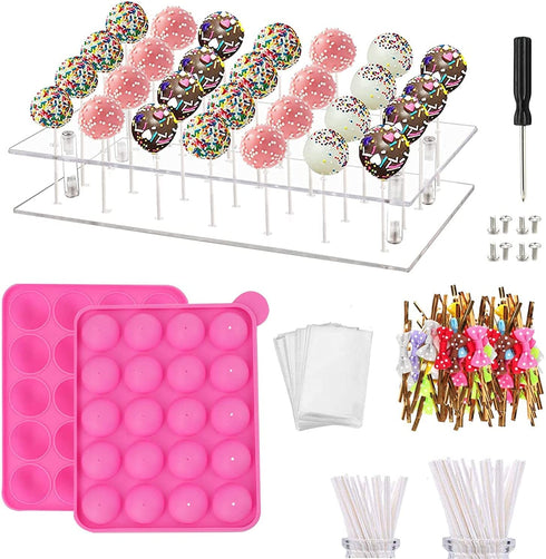 302 Pcs Christmas Cake Pop Maker Kit,Subesty Cake Pop Baking Mold with 1 Acrylic Lollipop Holder,1 Silicone Mold Set,100 Pcs Clear Bags,100 Pcs Treat Sticks,100 Pcs Gold bow Ties