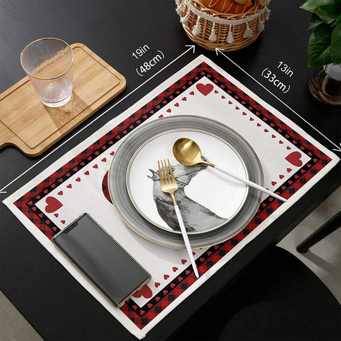 Valentines Placemats Set of 6 Love Hearts Placemats for Dining Table Red And Black Buffalo Check Plaid Tablemats For Home Wedding Party Valentine's Day Table Decorations Non-Slip Table Mats, 12x18 In