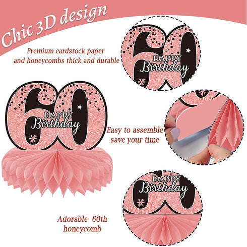 9 Pieces Rose Gold 60th Birthday decorations for Women Pink 60th birthday centerpieces for Tables Decorations Cheers to 60 Years Honeycomb Table Topper Happy 60th Birthday Decorations for Woman Sixty Years Birthday Party