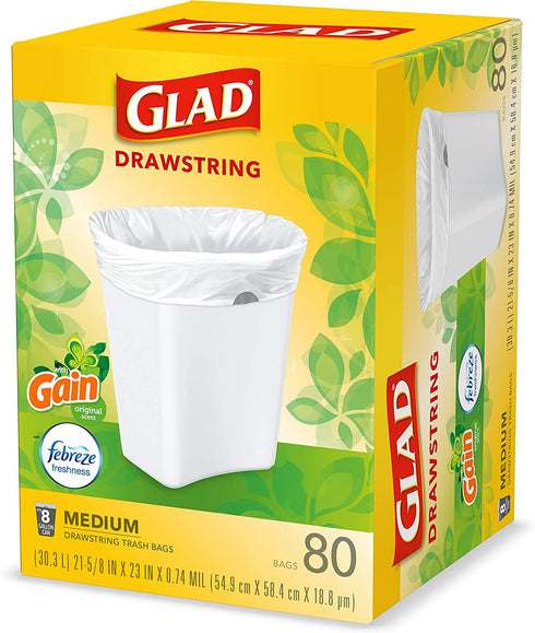 Glad Trash & Food Storage Medium Kitchen Drawstring Trash Bags 8 Gallon White Trash Bag, Gain Original Scent (Package May Vary), Fresh, 80.0 Count