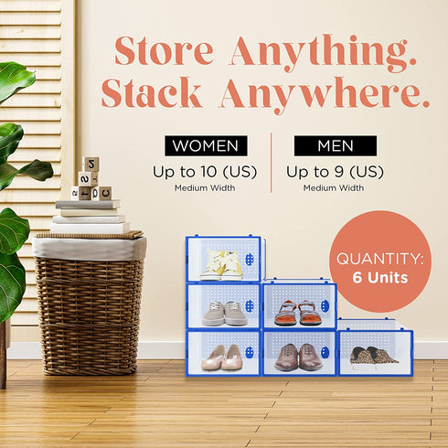 6-Pack Shoe Storage Boxes - Shoes Organizer for Closet - Clear Plastic Stackable Shoe Containers - Clear Shoe Boxes Stackable and Foldable For Sneaker Storage, Books, Toys, Tools Blue