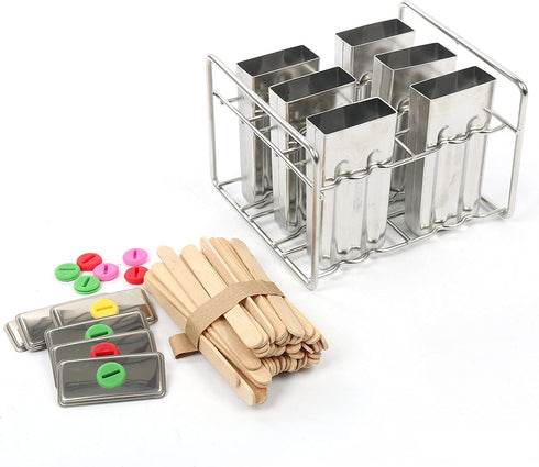 Yaekoo Set of 6 Stainless Steel Popsicle Mold and Rack Set - Homemade Ice Treat Makerwith 50 Wooden Sticks and 6 Silicone Seals and Bonus Cleaning Brush