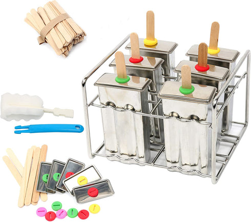 Yaekoo Set of 6 Stainless Steel Popsicle Mold and Rack Set - Homemade Ice Treat Makerwith 50 Wooden Sticks and 6 Silicone Seals and Bonus Cleaning Brush