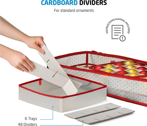 Sturdy Plastic Underbed Christmas Ornament Storage Box, 6 Trays Keeps 96 Holiday Christmas Ornaments 3" Compartments, with 2 Sided Dual Zipper Closure - Xmas Decorations Accessories,