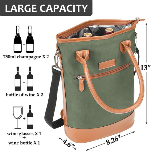 Tirrinia Insulated Wine Carrier Tote - Travel Padded 2 Bottle Wine/Champagne Cooler Bag with Handle and Adjustable Shoulder Strap, Great Wine Lover Gift, Olive
