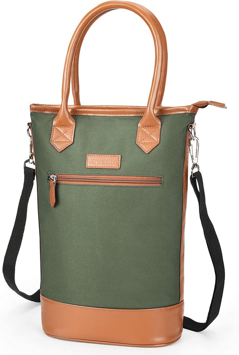 Tirrinia Insulated Wine Carrier Tote - Travel Padded 2 Bottle Wine/Champagne Cooler Bag with Handle and Adjustable Shoulder Strap, Great Wine Lover Gift, Olive