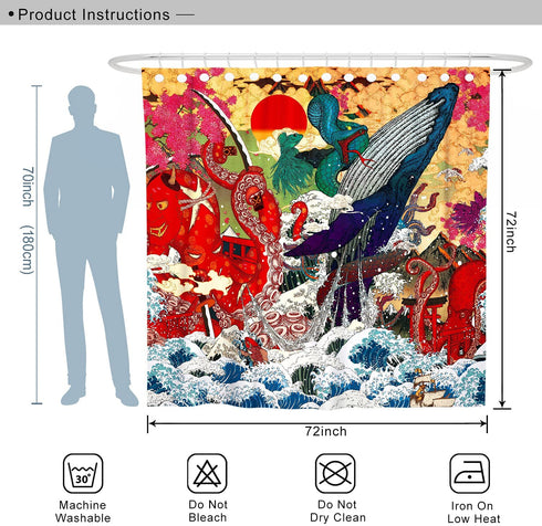 DESIHOM Cool Japanese Shower Curtain Funny Anime Octopus Shower Curtain Asian Wave Shower Curtain Ocean Theme Polyester Fabric-72" x 72"