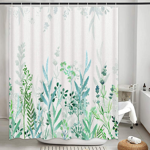 Likiyol Watercolor Floral Shower Curtain, Blue and Green Shower Curtain Teal and White Shower Curtains, Rustic Spring Shower Curtain with 12 Hooks, Waterproof Fabric Shower Curtains for Bathroom