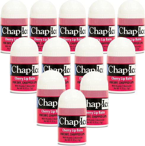 Chap-Ice® | 12-Count Mini Cherry Lip Balm | Lip Balm Pack Fortified with Vitamin E for Dry, Cracked Lips | Made in USA | 12-Count Mini Lip Balm with Cherry Flavor (0.10oz/3g Each)
