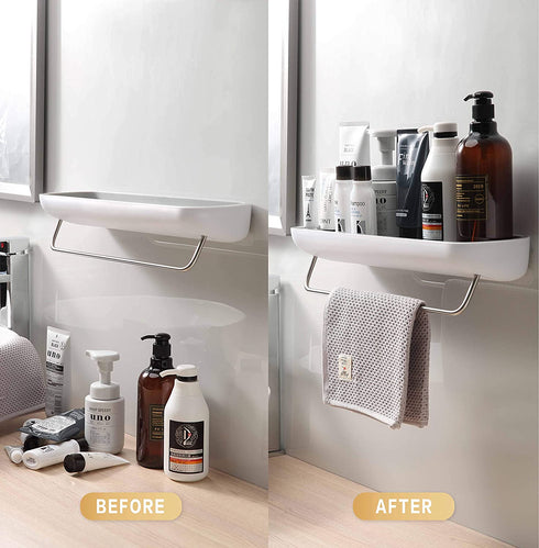 Shower Caddy Wall Mount with Towel Bar, Adhesive Bathroom Shelf Storage Organizer No Drilling Shower Shelf Kitchen Storage Basket Rack Shelves