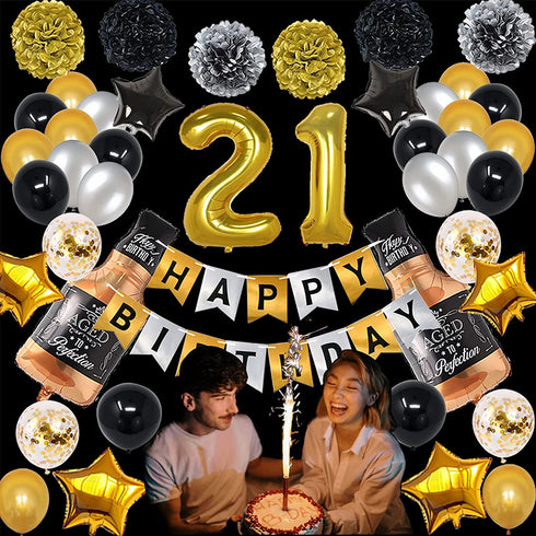 Gold 21 Birthday Decorations, Gold 21st Birthday Decorations for Men Women, Happy 21st Birthday Balloons Party Supplies with Happy Birthday Banner, 21 Number Balloons for 21 Years Old Birthday