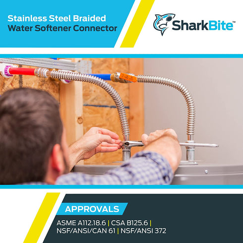 SharkBite U3086FLEX24LFA Water Softener Connector, 3/4 Inch to 1 Inch FNPT x 24 Inch, Push-to-Connect COPPER, PEX, CPVC, Braided Stainless Steel