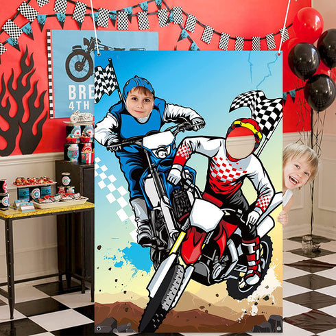 PANTIDE Motocross Photo Door Banner Backdrop Props, Large Satin Photo Background Face Photography Banner Decor Dirt Bike Theme Party Favor Supply Decorations Funny Party Games for Kids, 59 x 39 Inch