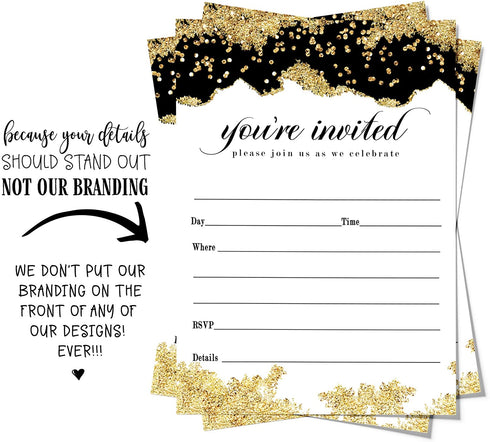 Gold and Black Invitations and Envelopes Pack of 25 Fill In Blank Invites for Graduation Retirement Birthday Baby Shower Engagement Elegant Events Modern Abstract Theme Paper Clever Party