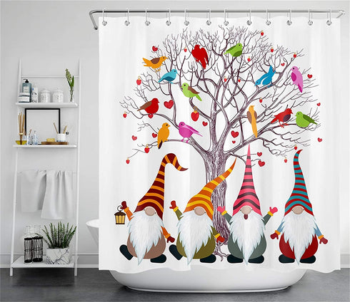 HVEST Spring Gnome Shower Curtain Cute Gnomes Under Red Loving Heart Tree Colorful Birds Cardinals Shower Curtain Summer Fall Funny Bathroom Decor Waterproof Durable with 10 Hooks 69X70Inches