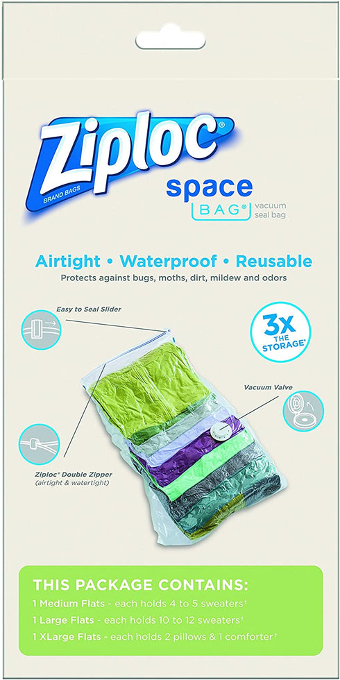 Ziploc Space Clothes Vacuum Sealer Storage Home and Closet Organization, M/L/XL, 3 Bags Total, Clear, 3 Count