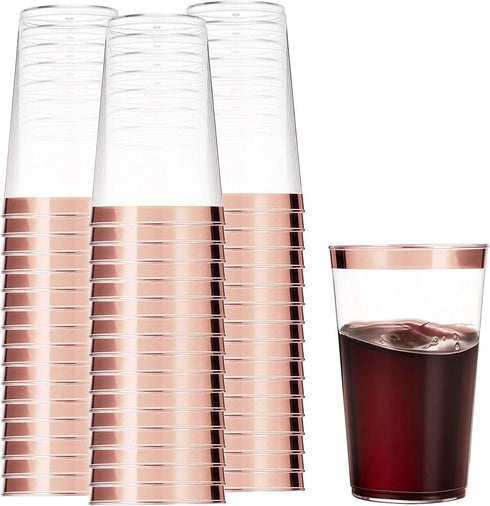 100 Rose Gold Plastic Cups 14 Oz Clear Plastic Cups Tumblers Rose Gold Rimmed Cups Fancy Disposable Wedding Cups Elegant Party Cups with Rose Gold Rim