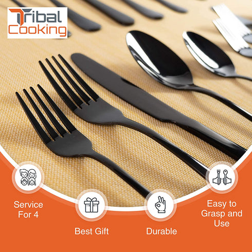 Tribal Cooking Black Flatware serving set - Stainless Steel Silverware Set - 20 Piece - Cutlery Set - Silverware Set Service for 4 - Knives, Fork and Spoon - Dishwasher Safe - Stunning Polished Finish