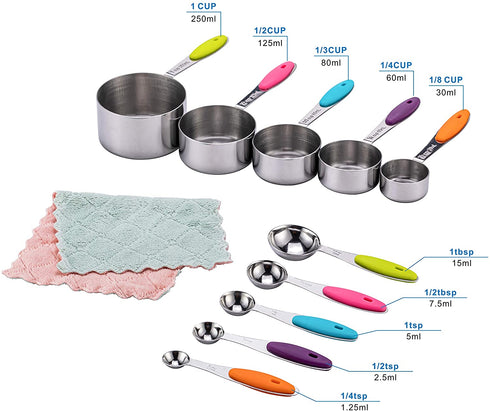 10 Piece Stainless Steel Measuring Cups and Spoons Set with Scrub Sponge Including 5 Piece Measuring Cups and 5 Piece Measuring Spoons, for Dry and Liquid Ingredients