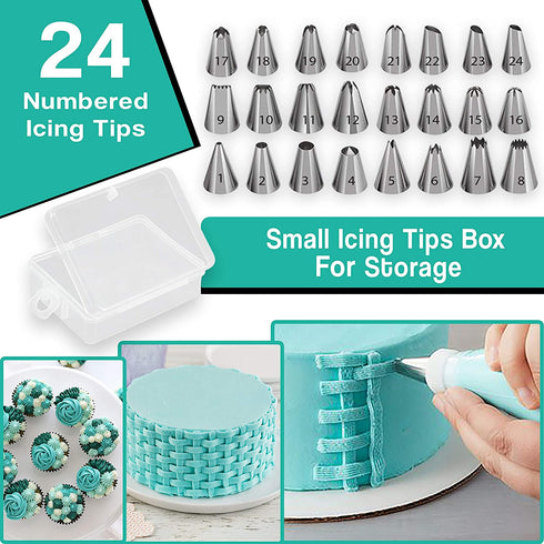 RFAQK 64PCs Cake decorating supplies kit with Non-Slip Cake Turntable-Cake leveler- 24 Numbered Icing Piping Tips with Pattern Chart and EBook- Straight & Angled Spatula-30 Icings Bags- 3 Scraper set