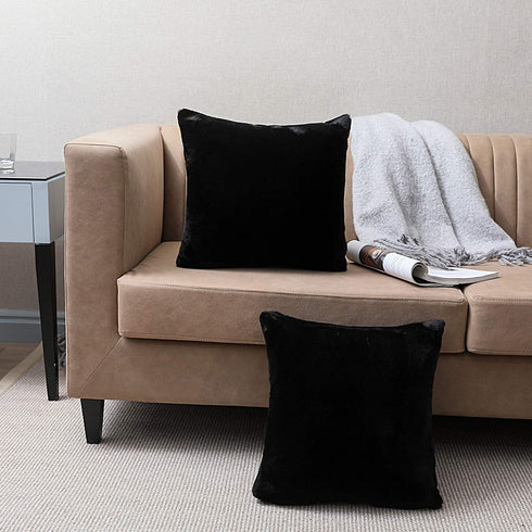 SISIZH Decorative Plush Faux Fur Throw Pillow Covers with Zipper Closure, 20x20 Inch Luxury Velvety Soft Square Cushion Cases Pillowcase for Couch, Set of 2, Black