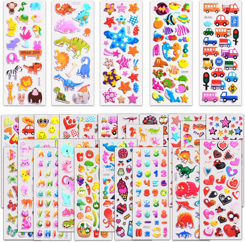 Kids Stickers 1000+, 40 Different Sheets, 3D Puffy Stickers for Kids, Bulk Stickers for Girl Boy Birthday Gift, Scrapbooking, Teachers, Toddlers, Including Animals, Stars, Fishes, Hearts and More
