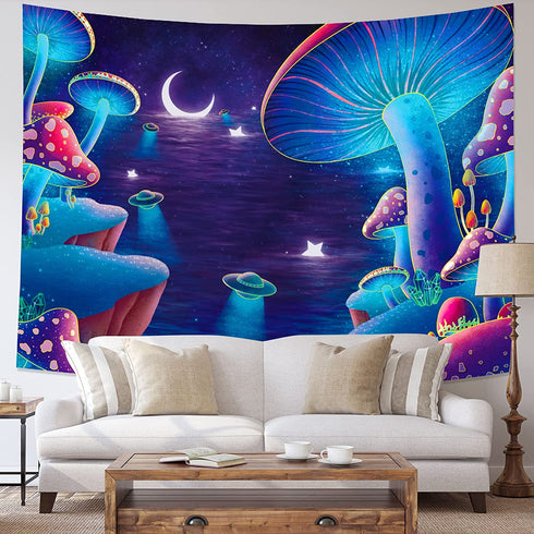 Obsecolors Trippy Mushroom Tapestry Moon and Star Wall Tapestry Galaxy Tapestry Starry Sky Tapestry UFO Tapestry Wall Hanging for Living Room Bedroom