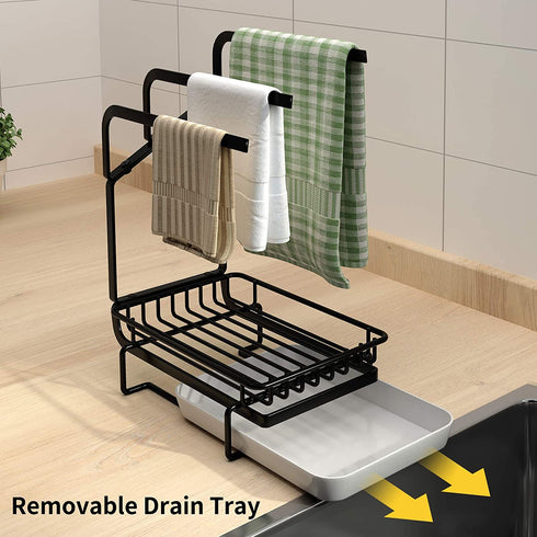 ICEETING Kitchen Sink Organizer, Sponge Holder with Towel Rack, with Drain Pan, for Kitchen Sink or Bathroom Storage,Sponge Brush Soap Dish Dishcloth Rack