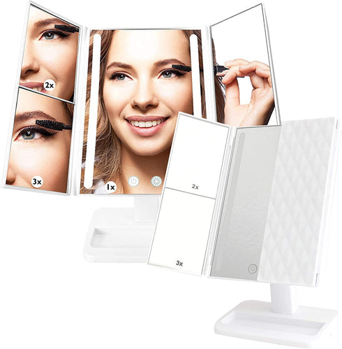(2-Pack) Lighted Makeup Mirrors - 3-Color Dimmable Lighting Vanity w/ 32 LEDs, Tri-Fold Design - 1X 2X 3X Magnification, Smart Touchscreen Control, USB Power, Portable Folding Personal Cosmetic Mirror