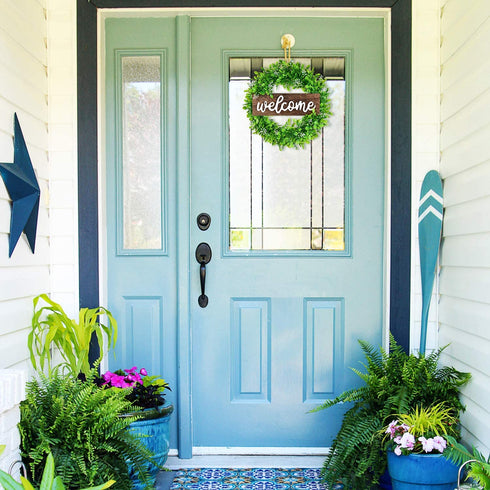 Lvydec Artificial Boxwood Wreath - 15" Welcome Wreath with Wooden Welcome Sign and White Flower Green Wreath for Front Door Window Home Decoration