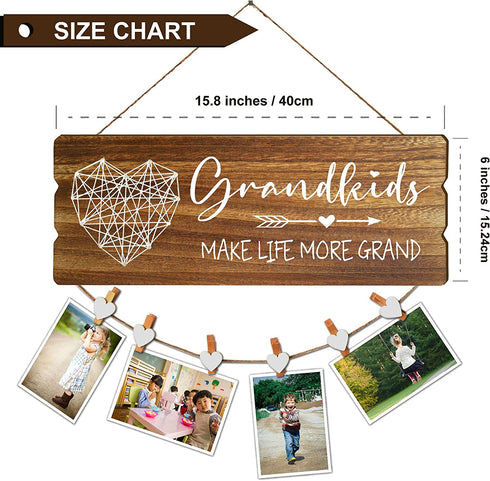 Buecasa Gifts for Grandma from Grandchildren - Grandkids Make Life More Grand Wooden Picture Holder with 6 Heart Clips 15.8x6.0 Inches